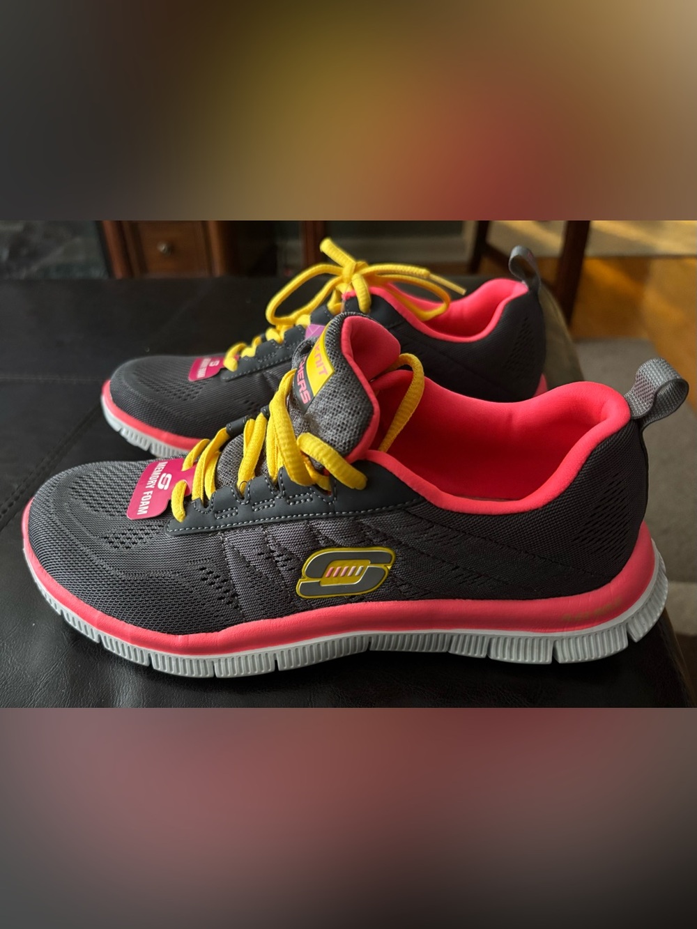Skechers Charcoal Sneakers with Pink Lining and Yellow Laces